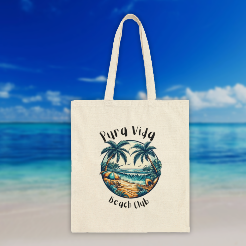 Pura Vida Beach Club Tote Bag - Relaxing Beach Scene Design - Kestra 